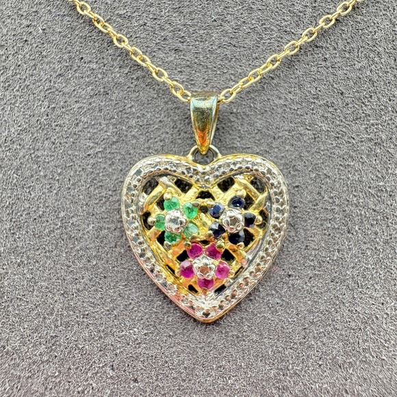 Sterling Silver 925 Gold Tone Heart Pendant Necklace Flower Stones 18in - Picture 2 of 10